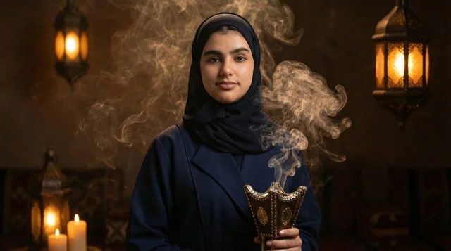 Saudi Woman Holding Traditional Incense Burner with Smoke