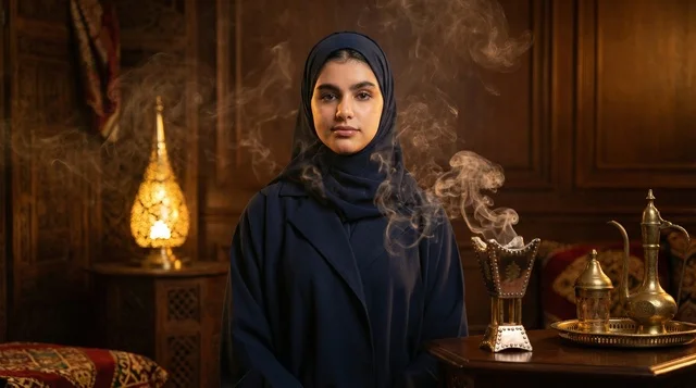 Saudi Woman in Abaya with Traditional Incense Smoke