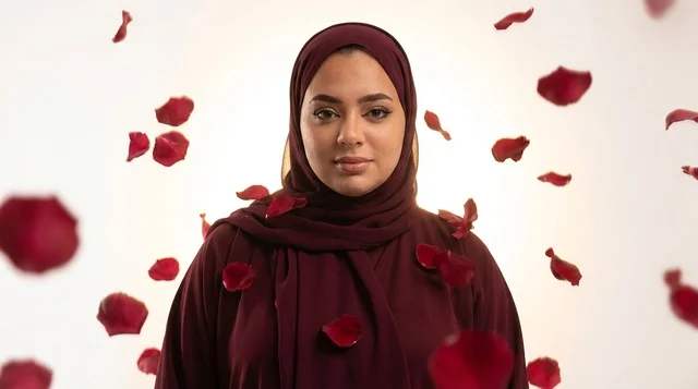 امرأة عربية بالحجاب مع بتلات ورد أحمر متساقطة