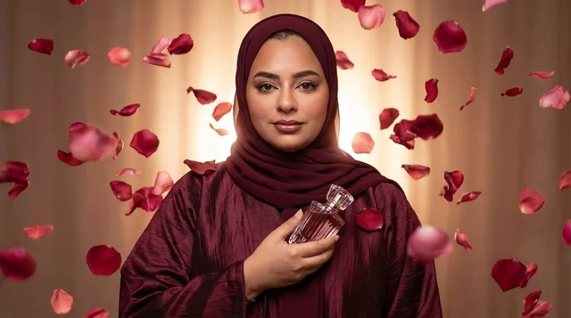 امرأة عربية تحمل زجاجة عطر مع بتلات الورد