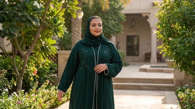 Emirati Woman in Green Abaya Traditional Garden