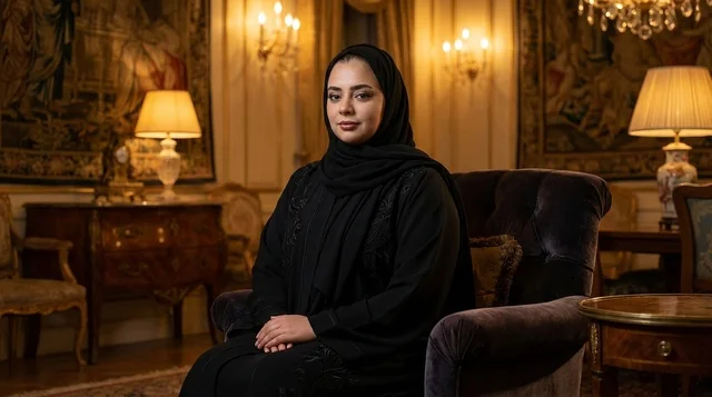 Saudi Woman in Abaya Sitting in Classic Luxury Room Saudi Woman in Abaya Sitting in Classic Luxury Room
