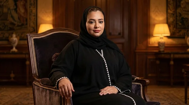 Saudi Woman in Black Abaya Sitting in Classic Interior