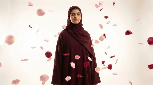 Arab Woman in Burgundy Abaya with Falling Rose Petals