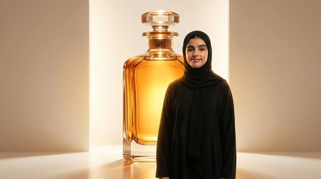 Saudi Woman in Abaya with Giant Perfume Bottle