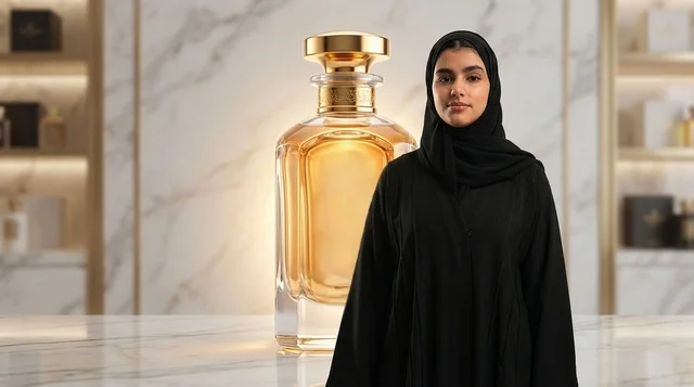 Saudi Woman with Luxury Perfume Bottle in Boutique