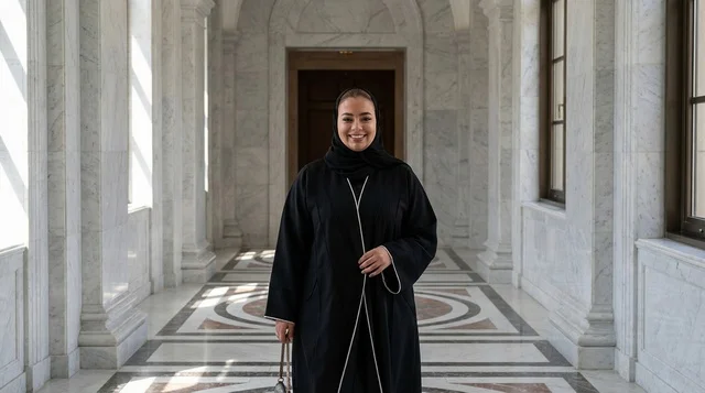امرأة سعودية بالعباءة السوداء في ممر رخامي