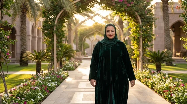 امرأة إماراتية بعباية مخمل خضراء في حديقة