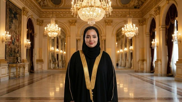 امرأة سعودية بالعباءة التقليدية داخل قصر فاخر