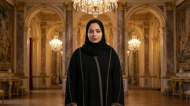 Emirati Woman in Black Abaya Inside Luxury Palace