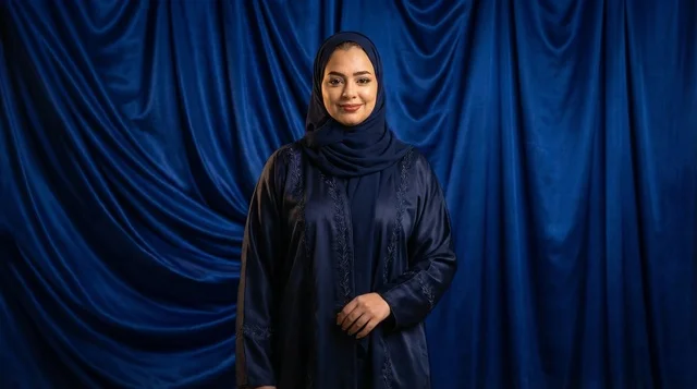 امرأة سعودية بعباءة كحلية أمام خلفية ستائر زرقاء