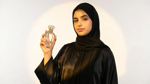 Saudi Woman in Black Abaya Holding Luxury Perfume Bottle