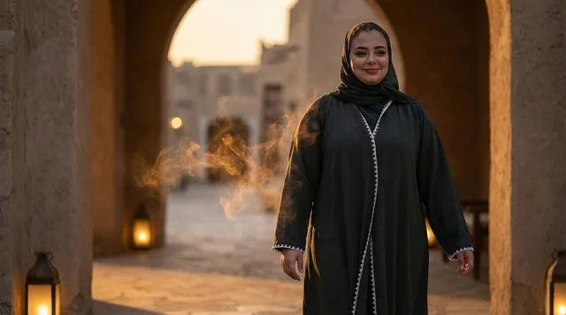 Arab Woman in Abaya at Heritage Site During Sunset