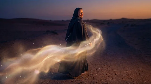 Saudi Woman in Traditional Abaya with Desert Light Trails