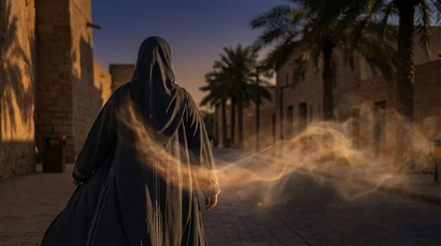 Saudi Woman in Abaya at Historical Heritage Site Sunset