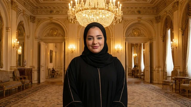 امرأة إماراتية بالعباءة السوداء داخل قاعة قصر فاخرة