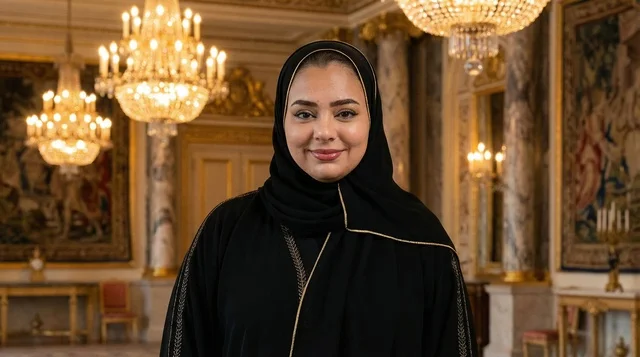 Emirati Woman in Black Abaya inside Luxury Palace