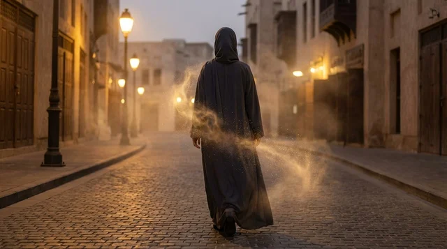 Arab Woman in Black Abaya Walking in Heritage Street