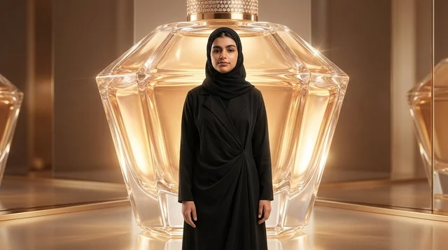 Emirati Woman in Abaya with Giant Perfume Bottle