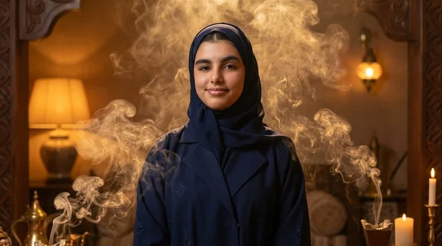 Saudi Woman in Abaya with Traditional Incense Smoke