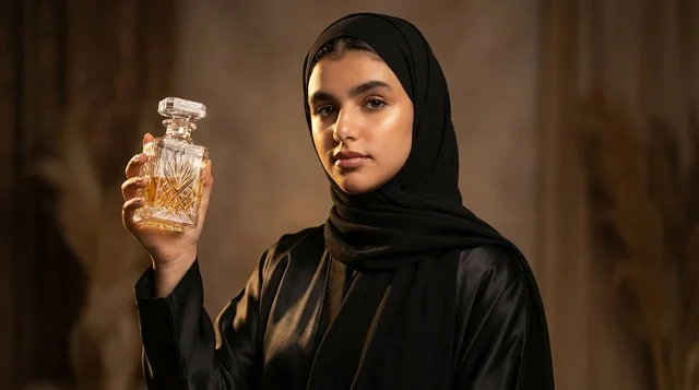 Arab Woman in Abaya Holding Crystal Perfume Bottle