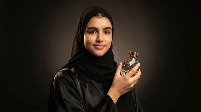 Saudi Woman in Black Abaya Holding Perfume Bottle