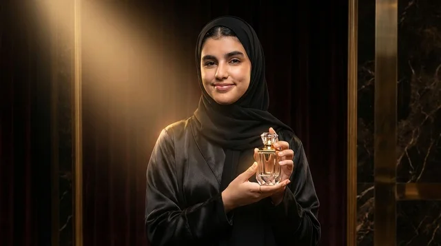 A Saudi woman in a black abaya holding a perfume bottle.