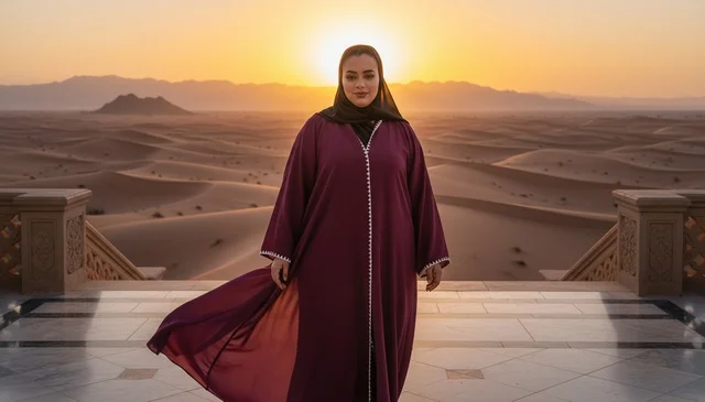 امرأة سعودية بعباءة في الصحراء عند غروب الشمس