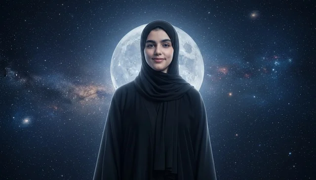 امرأة إماراتية بالعباءة والحجاب أمام خلفية الفضاء والقمر امرأة إماراتية بالعباءة والحجاب أمام خلفية الفضاء والقمر
