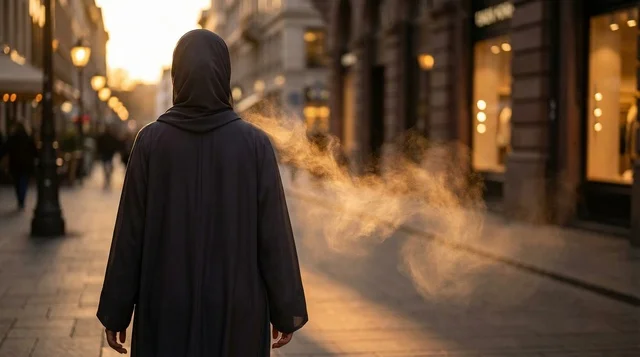 Arab Woman in Abaya on European Street at Sunset
