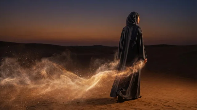 Emirati Woman in Abaya Walking in Desert at Dusk
