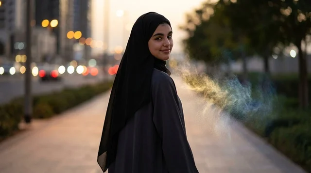 امرأة عربية بالعباءة في منطقة تراثية وقت الغروب