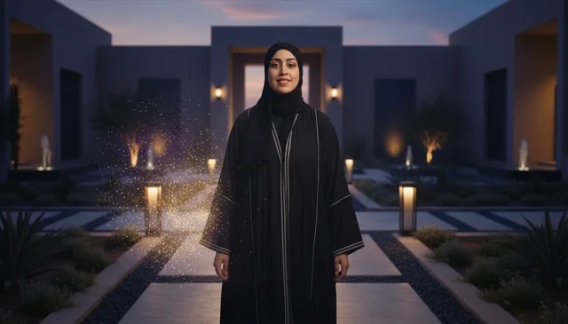 A Saudi woman in traditional abaya walking at sunset.