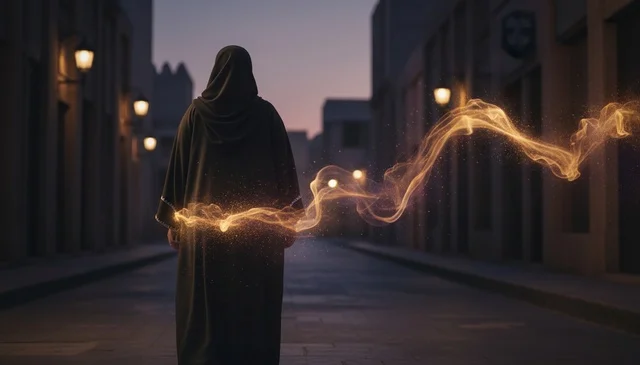 Person in Saudi Abaya with Golden Energy Trail at Night