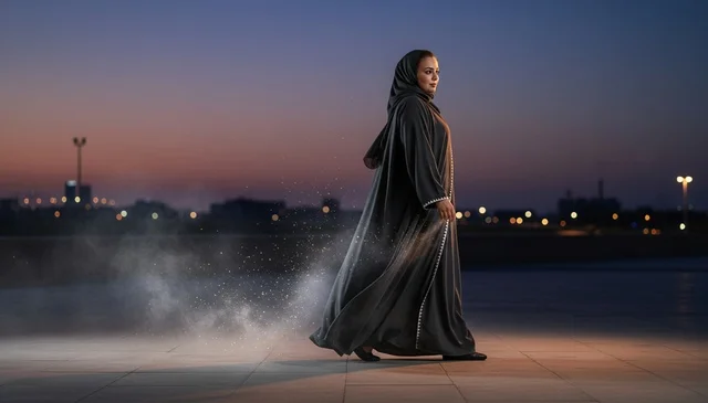 Saudi Woman in Traditional Abaya Walking at Sunset