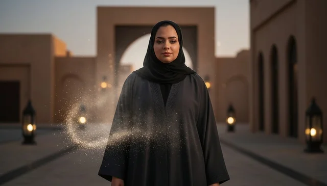Arab Woman in Black Abaya at Traditional Heritage Site