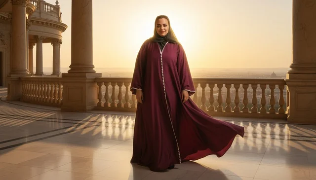 امرأة إماراتية بعباءة مارونية وقت غروب الشمس