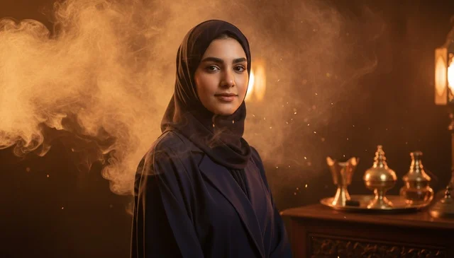 Arab Woman in Abaya with Traditional Incense Smoke