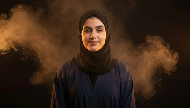 Saudi Woman in Hijab and Abaya with Smoke Background