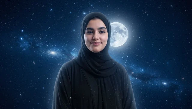 امرأة سعودية بالعباءة السوداء مع خلفية قمر ونجوم