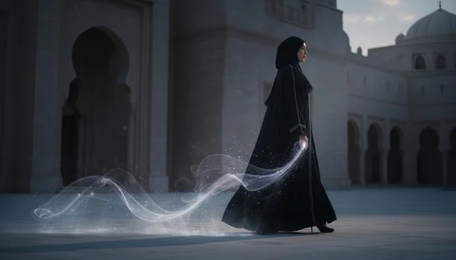 امرأة عربية بالعباءة مع أثر ضوئي ليلاً