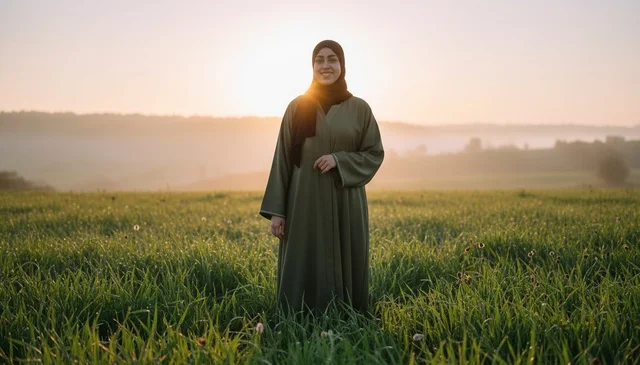 An Arab woman in a green abaya in a field at sunset.