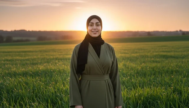 Arab Woman in Green Abaya in Field at Sunset