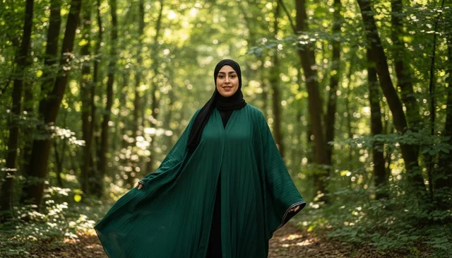 Arab Woman in Green Abaya Standing in Forest