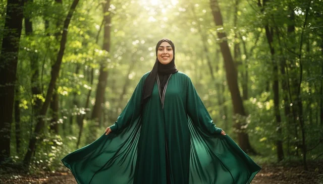 An Arab woman in a green abaya in a field at sunset.