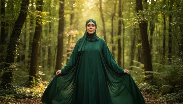 Arab Woman in Green Abaya Standing in Forest