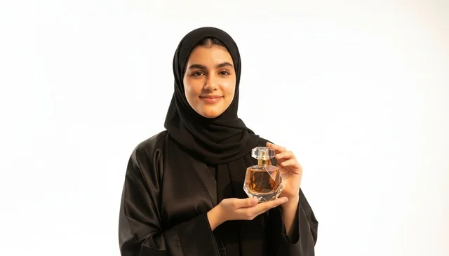 امرأة سعودية بالعباءة تحمل زجاجة عطر