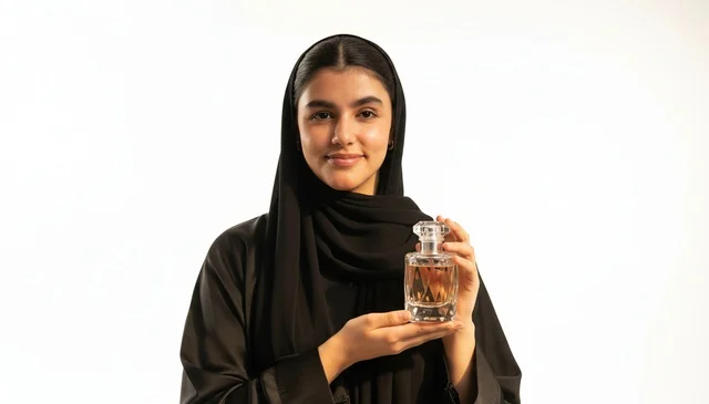 A Saudi woman in an abaya holding a bottle of perfume.