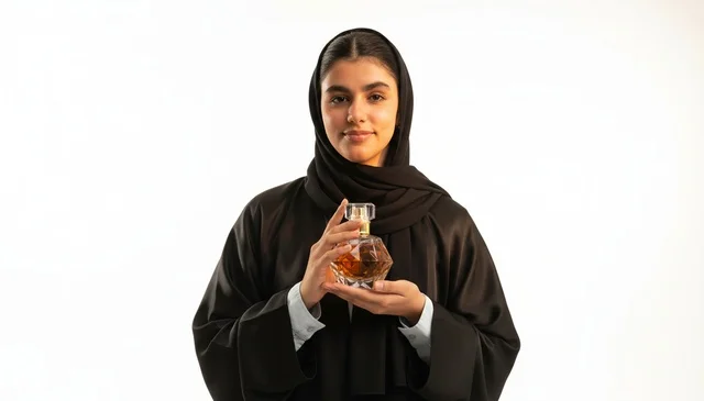 امرأة سعودية بالعباءة تحمل زجاجة عطر