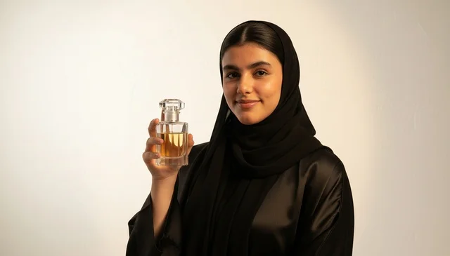 امرأة سعودية بالعباءة السوداء تحمل زجاجة عطر فاخرة